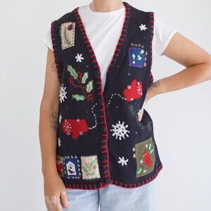 Vintage Basic Editions Black Knit Vest Winter Festive Holiday Cabincore Vest M